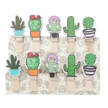 

100PCS Cartoon Cactus Mini Wooden Clips with Twine Cute Design Photo Craft Artwork Clothespin for Decoration