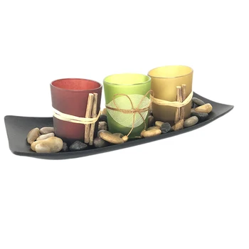 

New Direct Natural Candle Scape Set 3 Candlestick Cup Decorative Candle Holders with Rocks and Tray Wedding Bar Decoration Craft