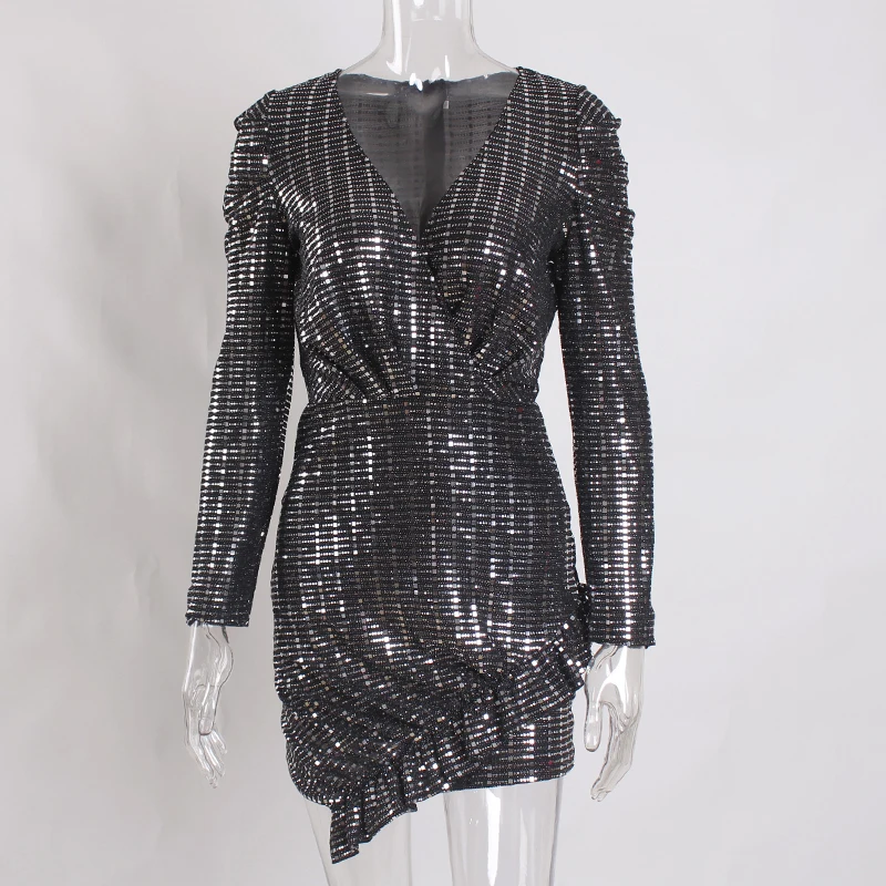 Silver Sequin Вечернее платье с глубоким v-образным вырезом и длинным рукавом, серебристое, многоцветное, с блестками, облегающее, с оборками, тонкое, с блестками, эластичное, вечерние, мини-платье - Цвет: Silver Sequin