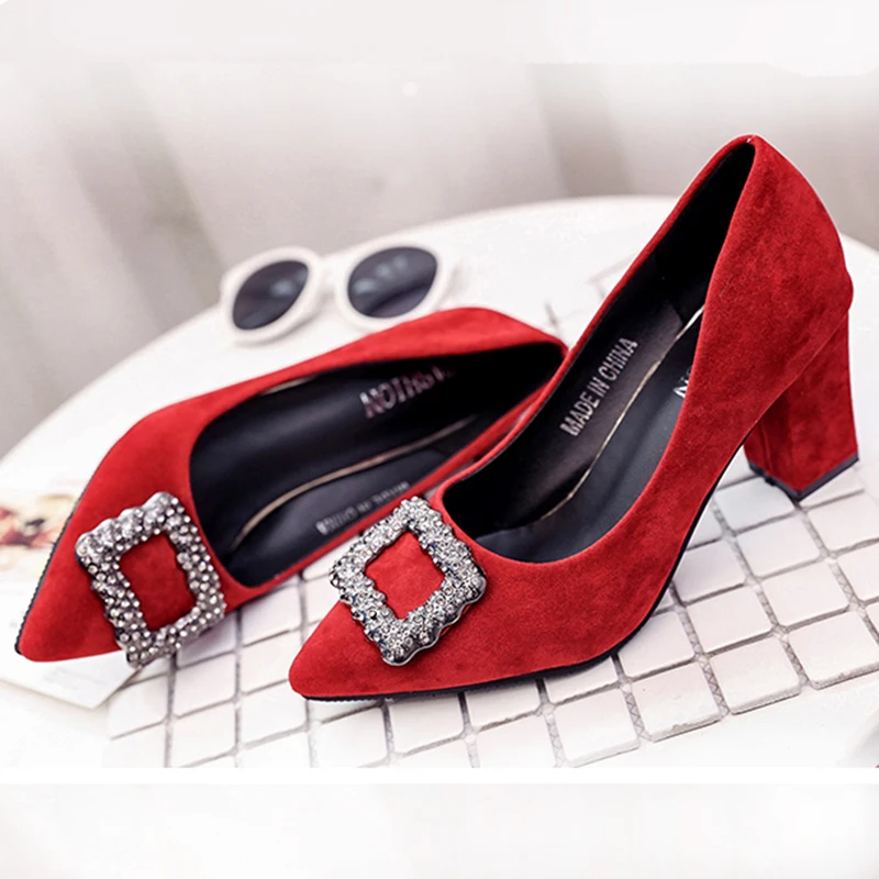 

new women's high heels Korean version of black suede shallow mouth rhinestone high heel single shoes