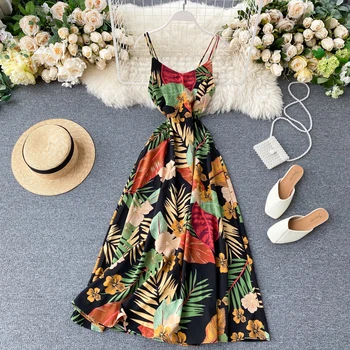 

Boho 2020 Slim sexy floral print Summer Midi Long Dress Party spaghetti strap backless casual Women beach holiday tunic dress