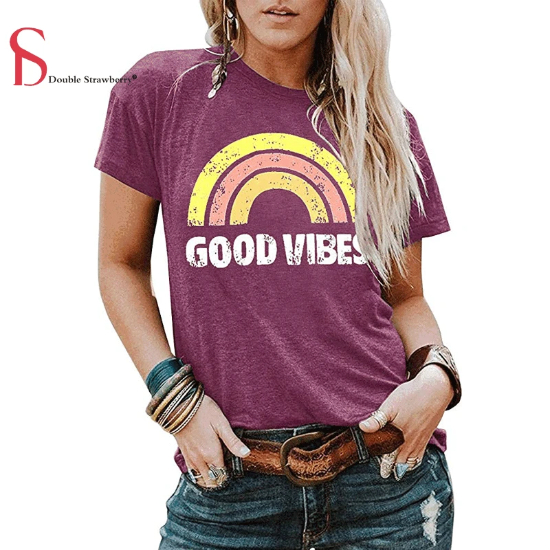 Женская футболка с коротким рукавом топ надписью Good Vibes короткими рукавами и