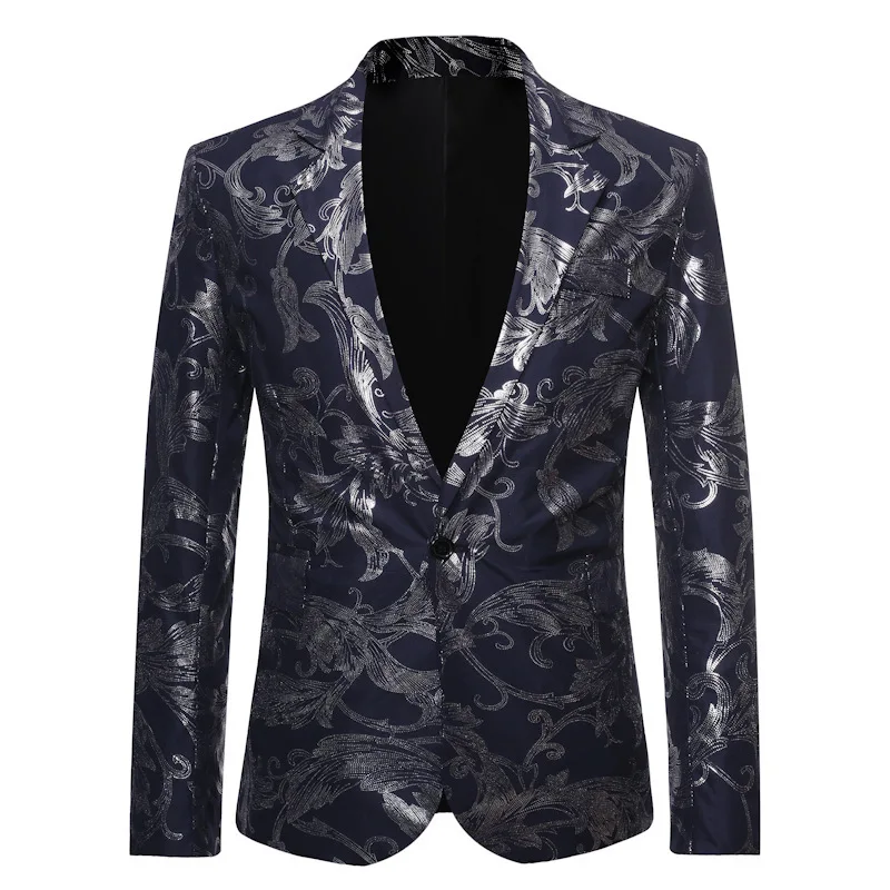 Navy blue Shenrun, мужские блейзеры, черный, темно-синий, цветочный принт, повседневная куртка, костюм жениха, пиджак, певец и ведущий наряд, музыкальный сценический Блейзер, костюм - Цвет: Navy blue