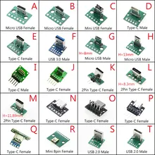 1PCS Data Charging Cable Jack Test Board with Pin Header 90 Degree Micro Mini USB Type C 2Pin USB 3.0 2.0 Female Male connector