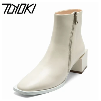 

Tuyoki Real Leather Women Ankle Boots Side Zipper Thick Heel Shoes Square Toe Warm Boots Party Women Footwear Size 34-39
