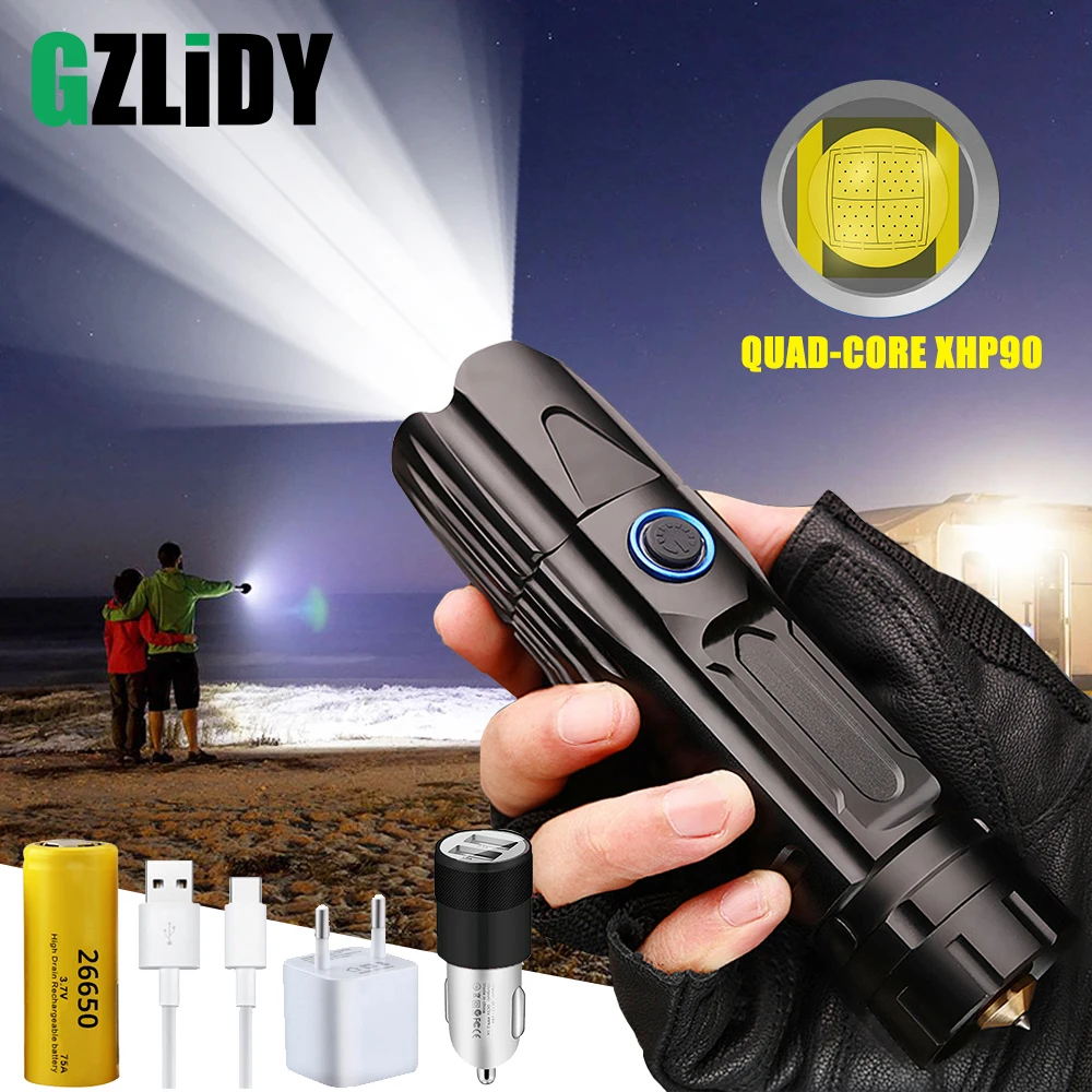 

Super Bright XHP90 LED Flashlight with USB Input and Output Function 5 Modes Glare Tactical Torch Waterproof Zoom Outdoor Light