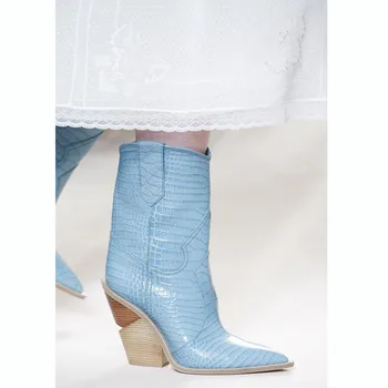 

Top Fashion Runway Shoes Women 9cm Spike Heels Boots Women Pointed Toe Slip On Short Boots Real Leather High Heel Mujer 2018