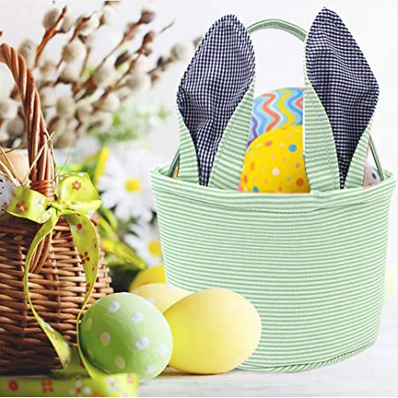 10pcs/lot Easter Basket Seersucker Egg Hunt Bunny Bag For Kid Rabbit