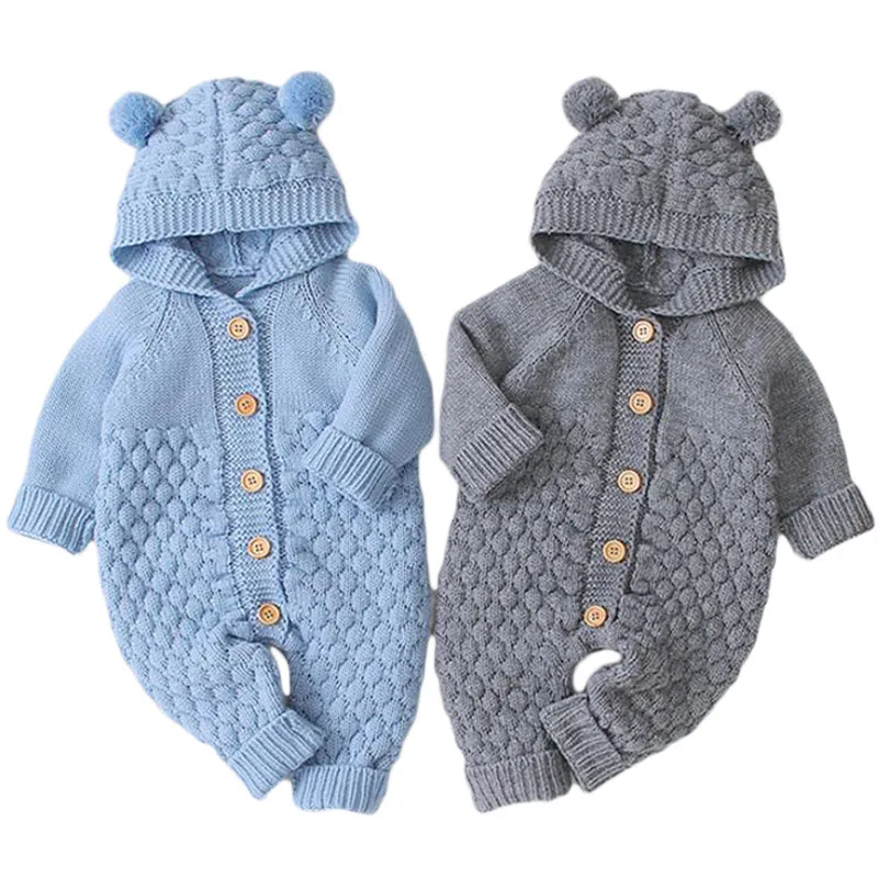 2020 New fashion Autumn Winter Baby Rompers Cute Ears Hooded Knitwear Infant Girl Boy Jumpsuit Kids Outfits Clothes 0-2Y |