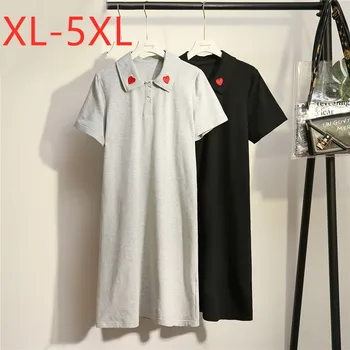 

New 2020 ladies summer plus size t-shirt dress for women large loose short sleeve button cotton gray straight dress 3XL 4XL 5XL