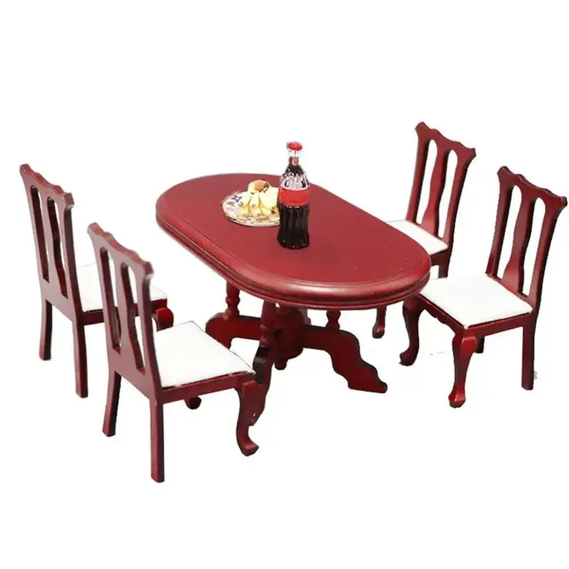

1:12 Dollhouse Kids Toys Wood Mini Furniture Model Micro Scene Restaurant Rosewood European Retro Table Chair Set Diy Dollhouse