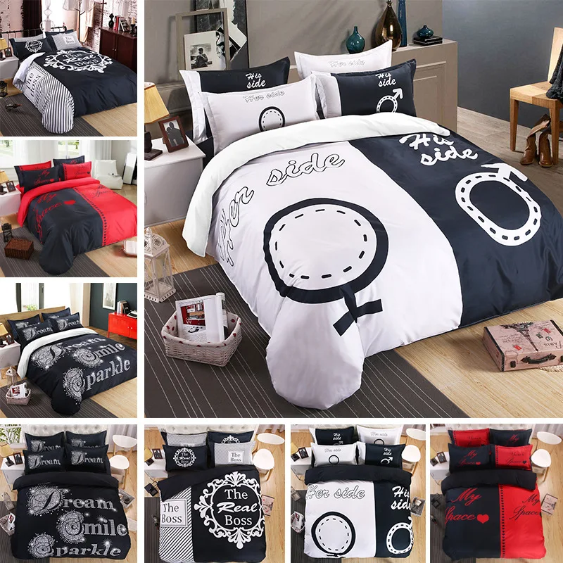 

European and American Simple 3D Couple Four Sets He and Her Series Cuople Bedclothes Pillowcase Home Textiles Bedding Set