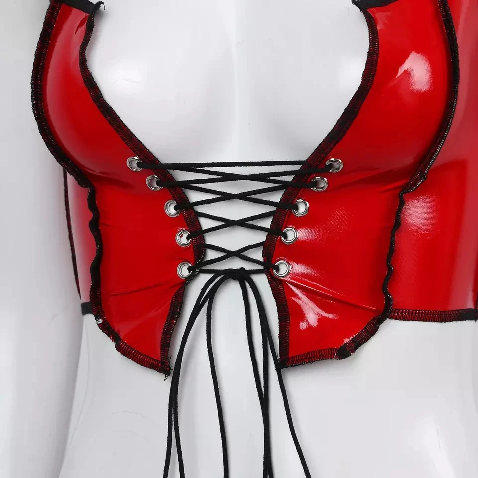 Women Sexy Deep U Shiny Leather Vest Erotic Breast Exposing Glossy Patent Leather Camisole Wetlook Latex Halter Tops