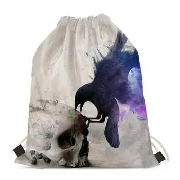

HYCOOL Drawstring Bag Backpack Skull Crow Print Drawstring Halloween Gift Bags Cinch Bag Custom Drawstring Pouch for Women Men