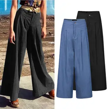 

ZANZEA 2020 Fashion Wide Leg Pants Women Zipper Up High Waist Trousers Pockets Pantalon Female Palazzo Streetwear Plus Size 5XL