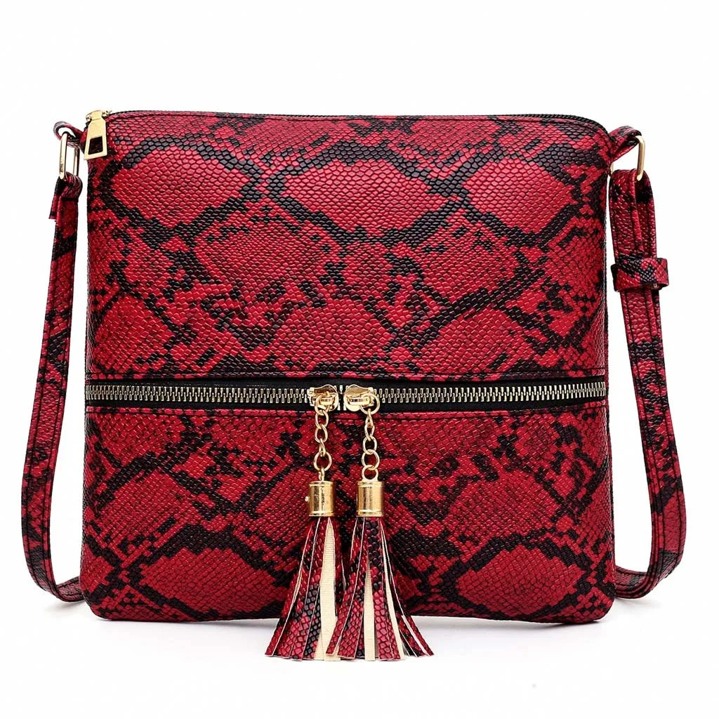 Женская сумка на плечо с кисточками и змеиным узором, модные сумки с принтом на молнии, сумка-мессенджер, маленькая квадратная сумка, дизайнерские сумки