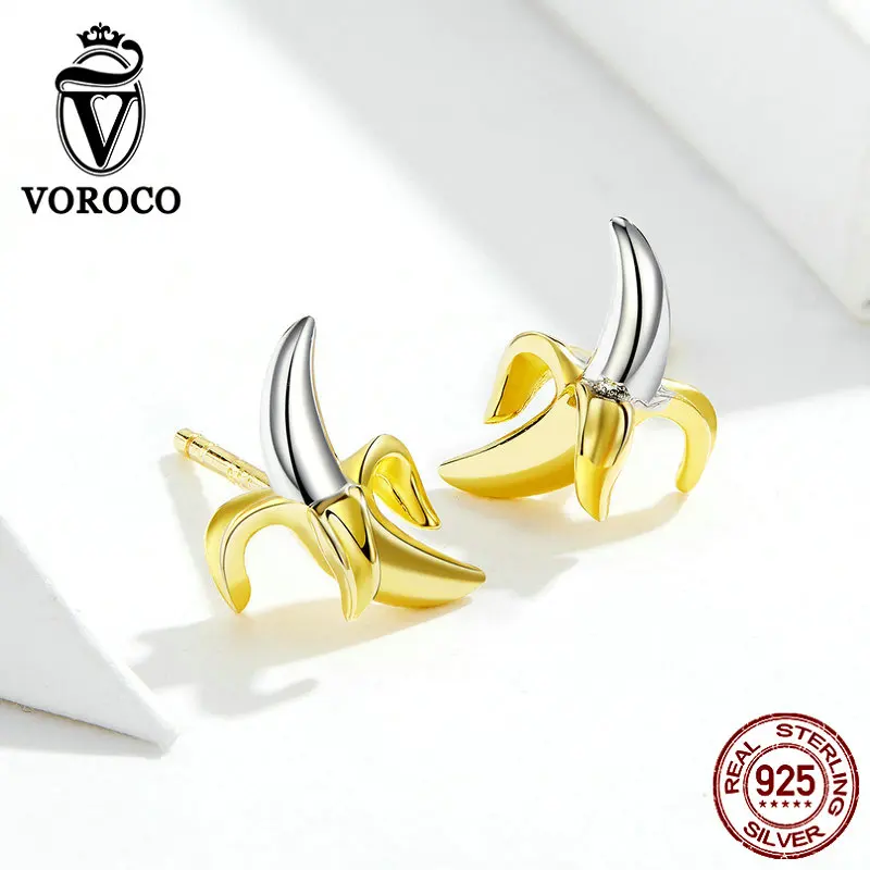 Voroco настоящий 925 пробы серебряные золотые серьги гвоздики Летние Фрукты Банан для женщин забавные дизайн ювелирные изделия BKE731
