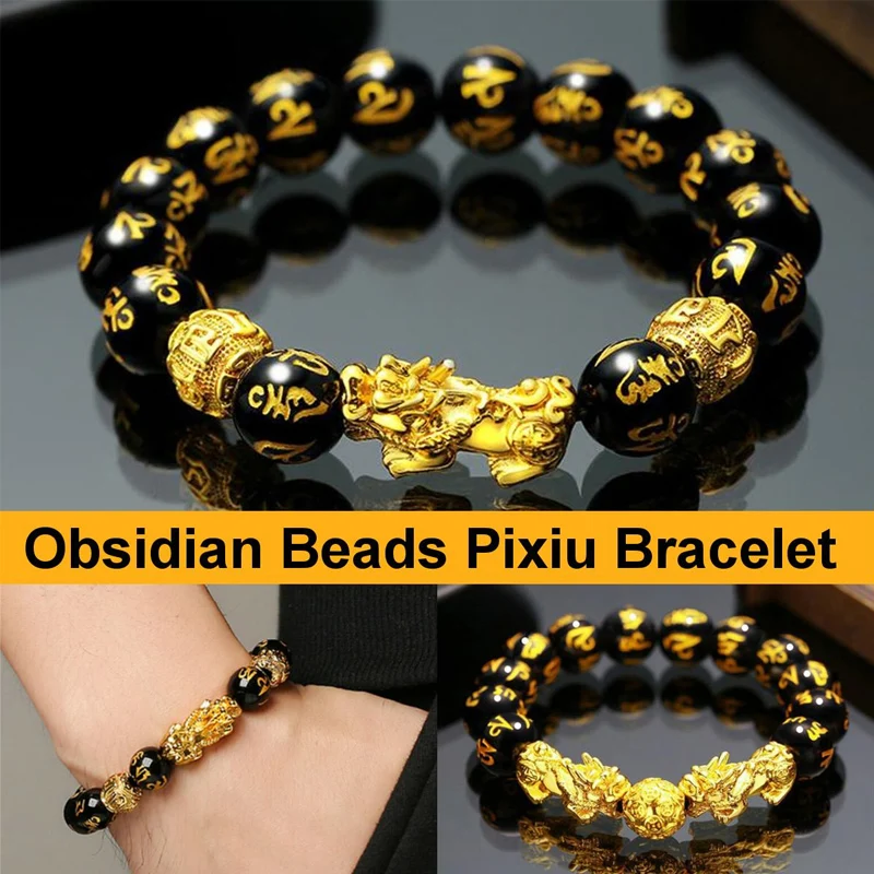 24 estilos Feng Shui de piedra obsidiana pulsera con cuentas hombres mujeres Unisex pulsera de Oro Negro Pixiu riqueza buena suerte pulsera de las mujeres