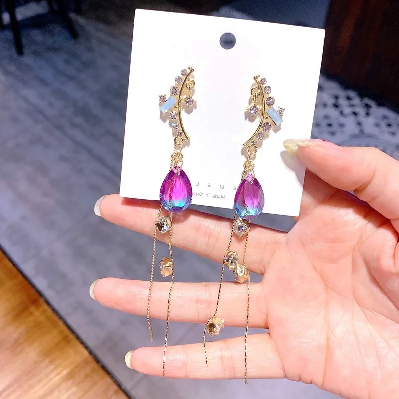 

Korea Blue Purple Waterdrop Pendant Long Dangle Earrings For Women Shining Rhinestone Tassel Party Statement Drop Pendientes