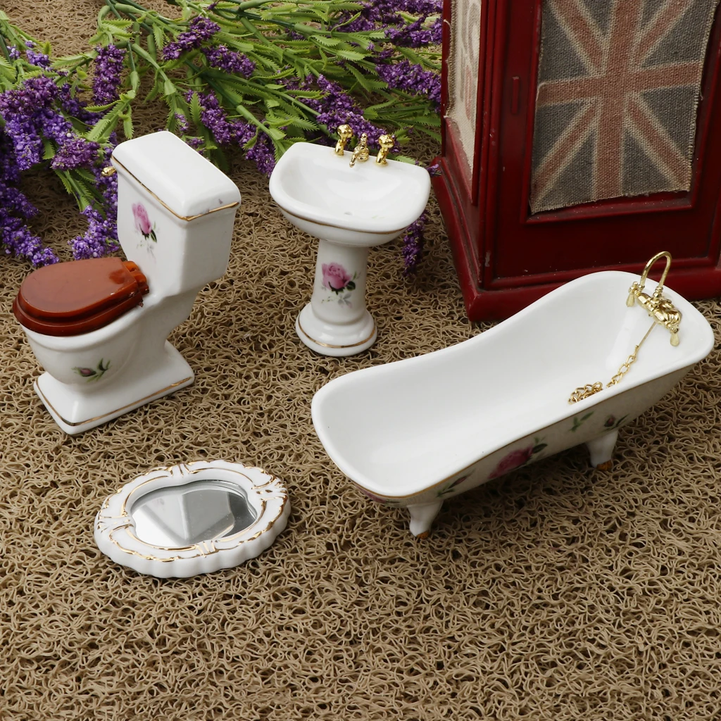 1/12 Dollhouse Mini Furniture Ceramic Bathroom Set Toilet Bathtub & Sink #5