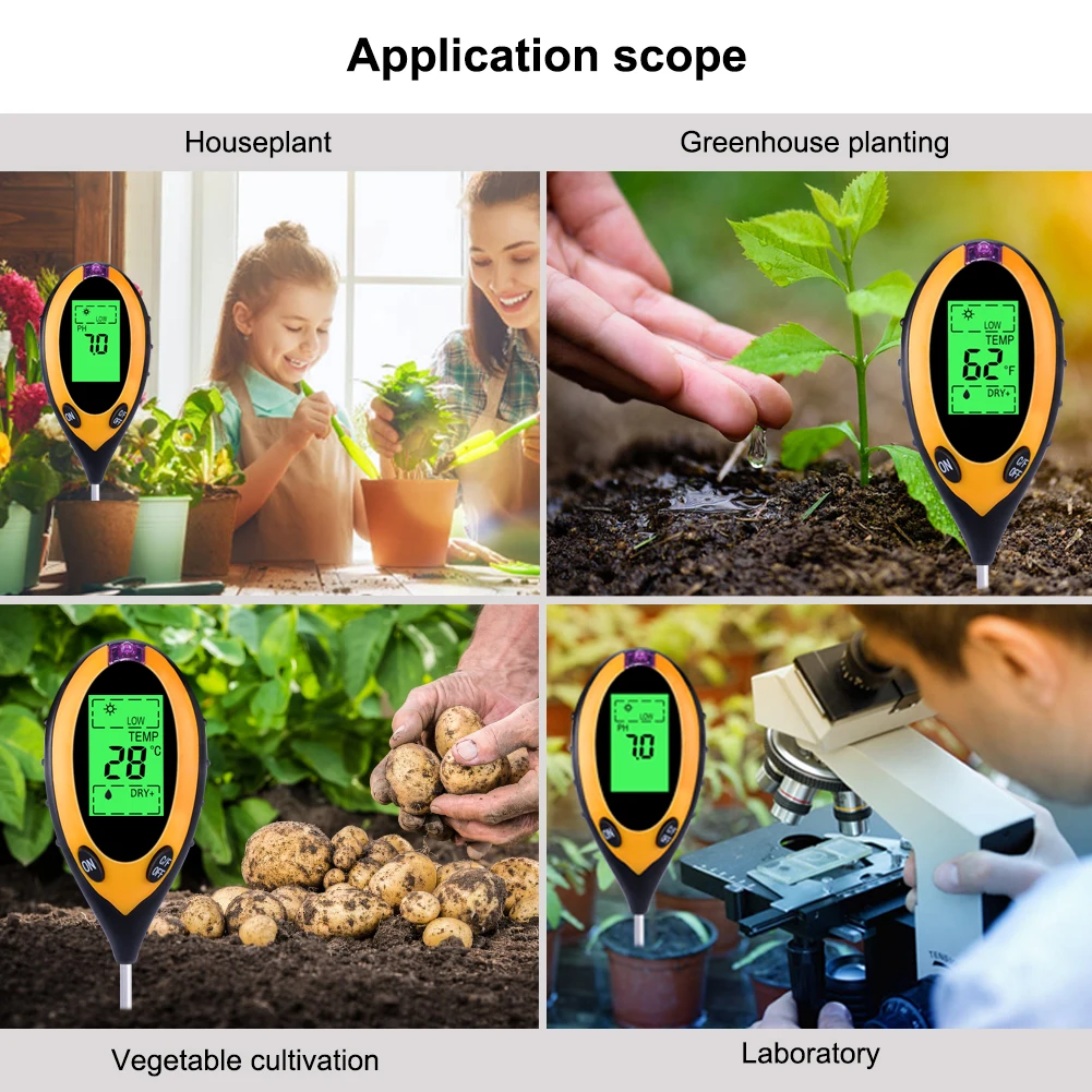 Yieryi Digital 4 In 1 Soil Tester PH Meter Moisture Monitor Temperature Sunlight Tester for Gardening Plants Farming with Blacklight soil tester,ph meter