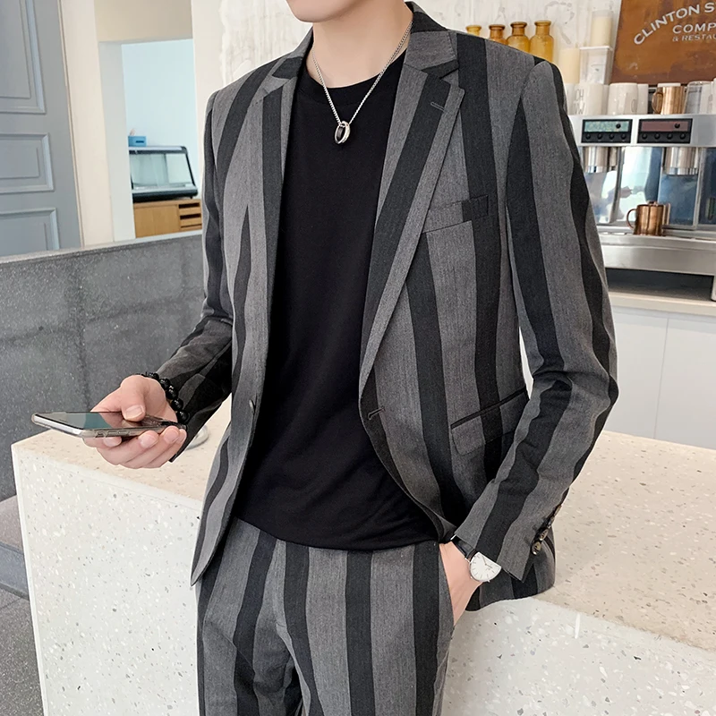 

Men Suit Striped Blazer Slim Fit (Jacket+Pants) 2 Piece Groom Suits for Men Wedding High Quality Business Casual Costume Homme