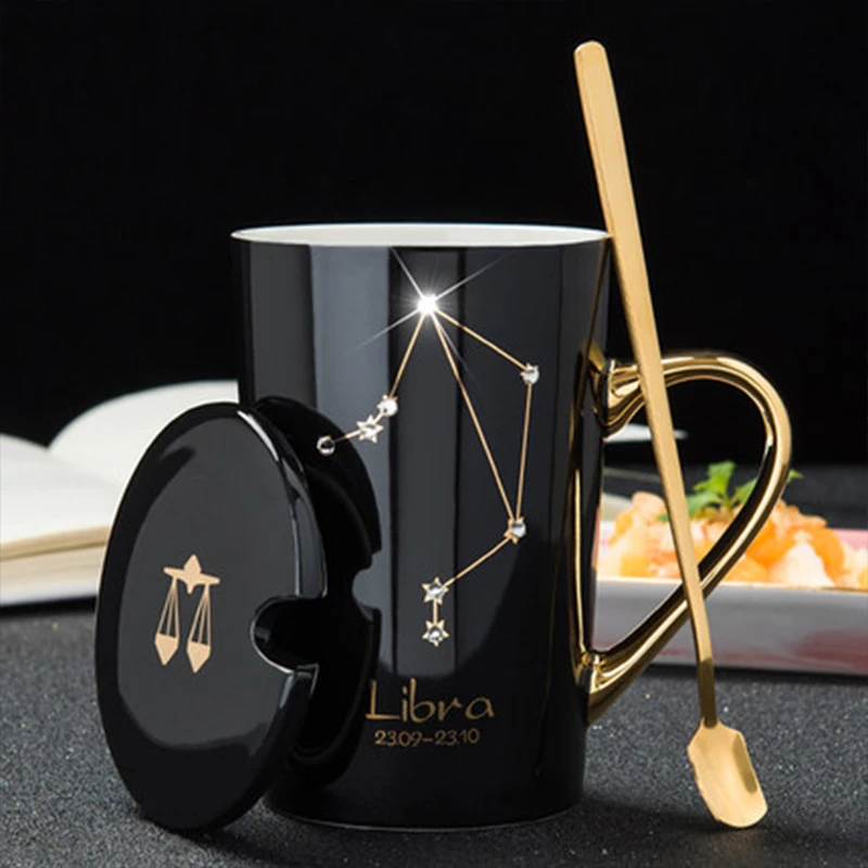 12 созвездий креативные керамические кружки с ложкой крышкой черный и Золотой фарфор Зодиак молоко кофе чашка 420 мл воды посуда для напитков