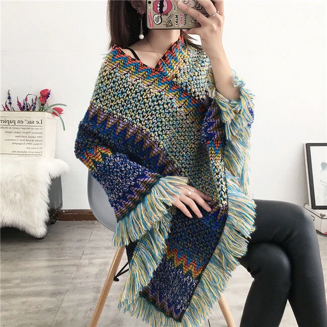 Pullover Women Knitting Poncho Capes Autumn New  Female Fashion Bohemian Poncho Cloak Tassel Winter Clothing National Blue newborn baby photography props blue bunny outfit hanging bed knitting hammock fotografia photoshoot studio shoot photo props