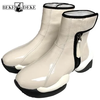 

2020 New Designer Women Ankle Boots Harajuku Round Toe Thick Platform Patent Genuine Leather Boots Fashion Ladies Winter Shoes