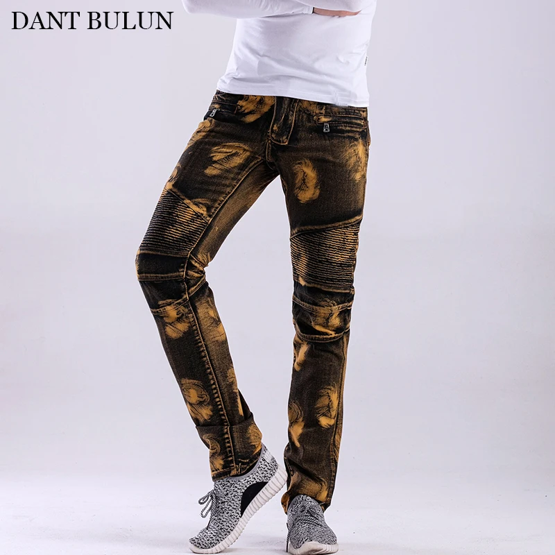 

Mens Jeans Brand Stretchy Slim Jeans Pleated Designer Pants Streetwear Punk Denim Pants Hip Hop Jeans Men Plus Size Men