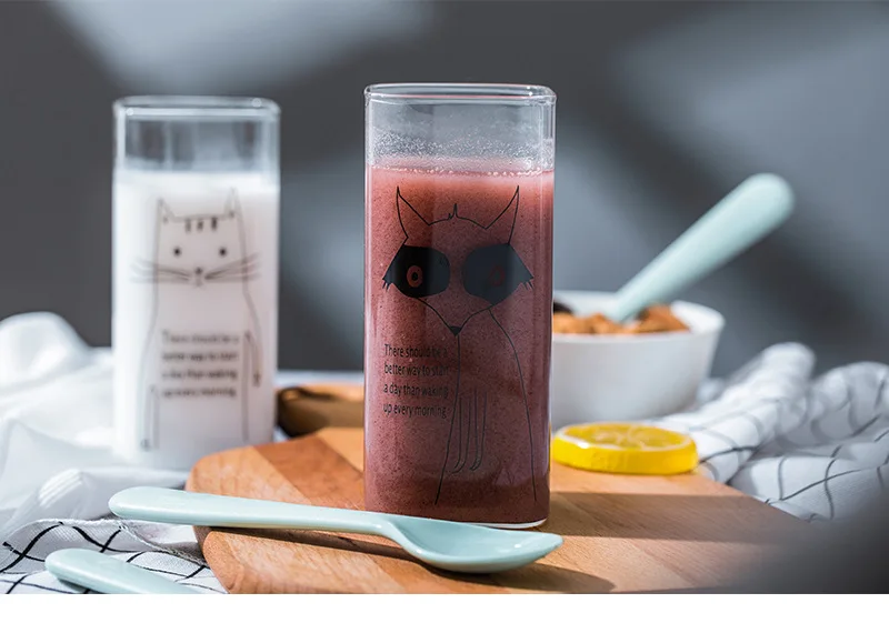 Cartoon Animal Milk Cup Transparent Borosilicate Square Glass Breakfast Juice Cups Heat Resistant Glass With Wooden Airtight Lid And Glass Straw 400-Ml 24 Undefined