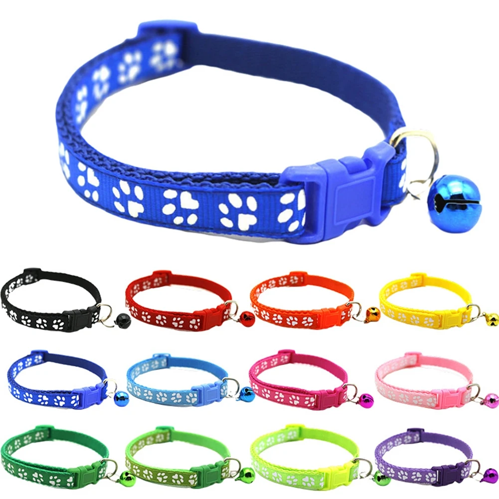 

Pet Collar With Bells Cute Footprint Printing Puppy Kitten Neck Strap Adjustable Buckle Cat Necklace Small Dog Nylon Collars