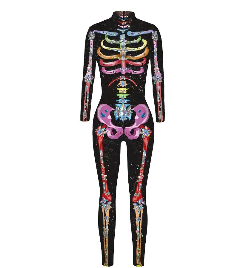 Scary Halloween Skeleton Print Costume Adult Women Horror Carnival Joking Catsuit Jumpsuit Long Sleeves Bodysuit For Lady Girls
