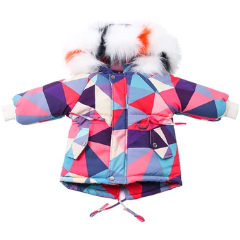

Baby girls' winter jacket Color fur collar thick plush parka 2-9 years cotton coat Triangle pattern toddler girl winter clothes