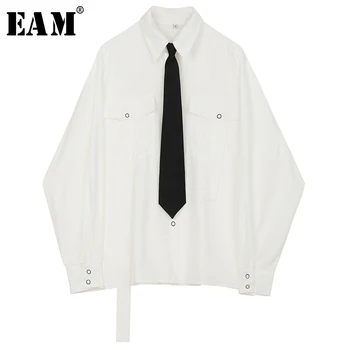 

[EAM] Women White With Tie Ribbon Big Size Blouse New Lapel Long Sleeve Loose Fit Shirt Fashion Tide Spring Autumn 2020 1S938