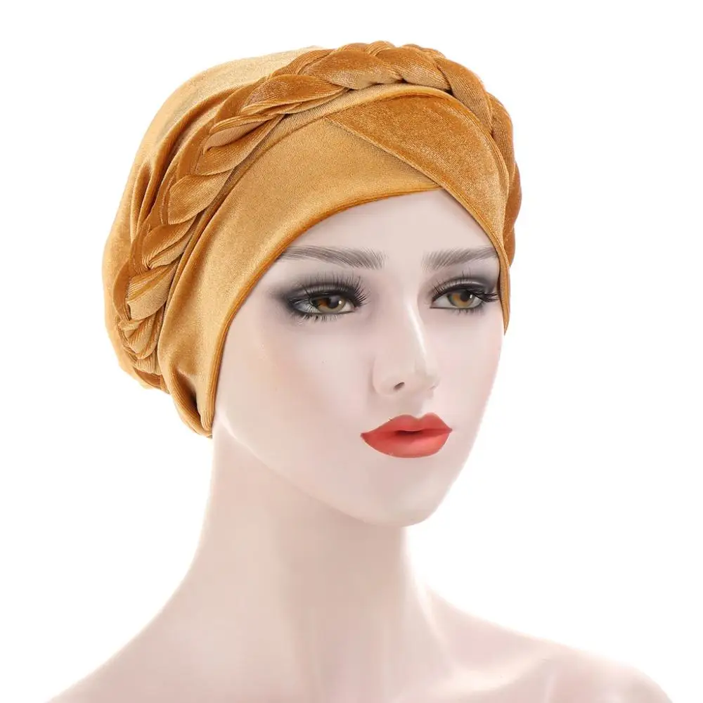 

2020 Trendy Women Braid Velvet Turban Caps Islamic Hijab Forehead Cross Headscarf Bonnet Lady Chemo Cap African Wrap Indian Hat