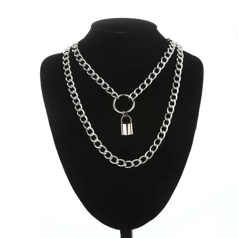 Многослойная цепочка ожерелье в стиле панк Подвеска "замок" для женщин с металлическим замком цепочки в стиле «хип-хоп» в готическом стиле, ювелирные изделия в качестве подарка - Окраска металла: silver