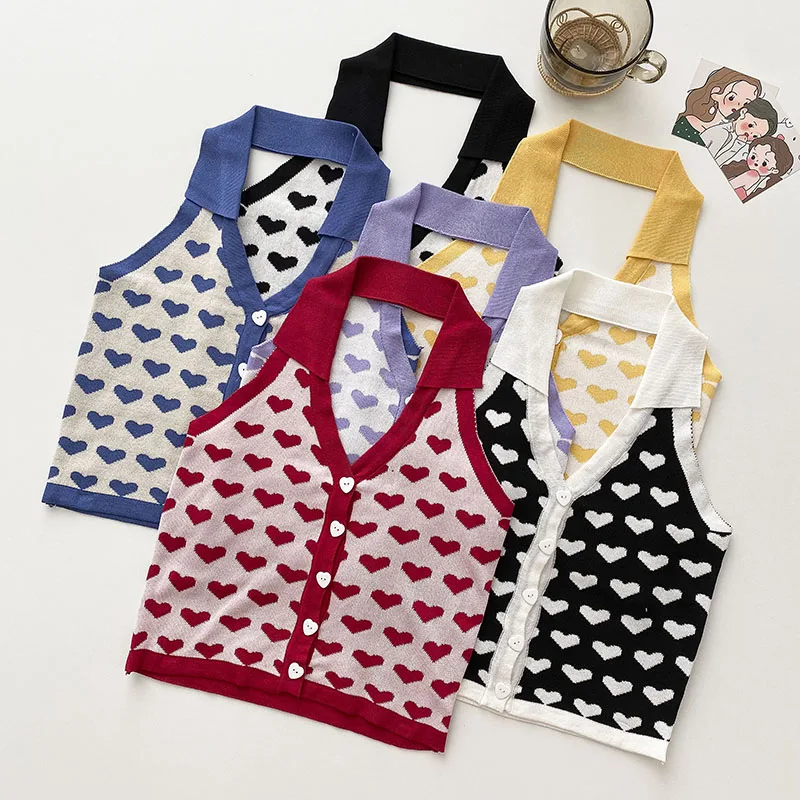 

6 Цвета для женщин с принтом в виде сердечек без рукавов с лямкой на шее ТРИКОТАЖНЫЙ УКОРОЧЕННЫЙ пикантные топы с открытой спиной на бретельках женский жилет летние трикотажные изделия в уличном стиле