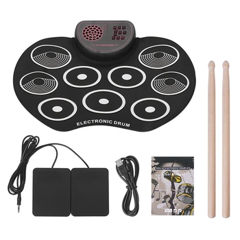 

Digital Roll Up Drum Pad Kit Portable Electronic Drum Set USB 9 Drum Pads Built-In Speaker Lithium Battery with Sticks Foot Peda