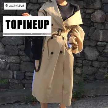 

2019 Spring Double Breasted Long Sleeve Tie-in Waist Windbreaker Retro Slim Khaki Casual Fashion Long Coat Female Chic