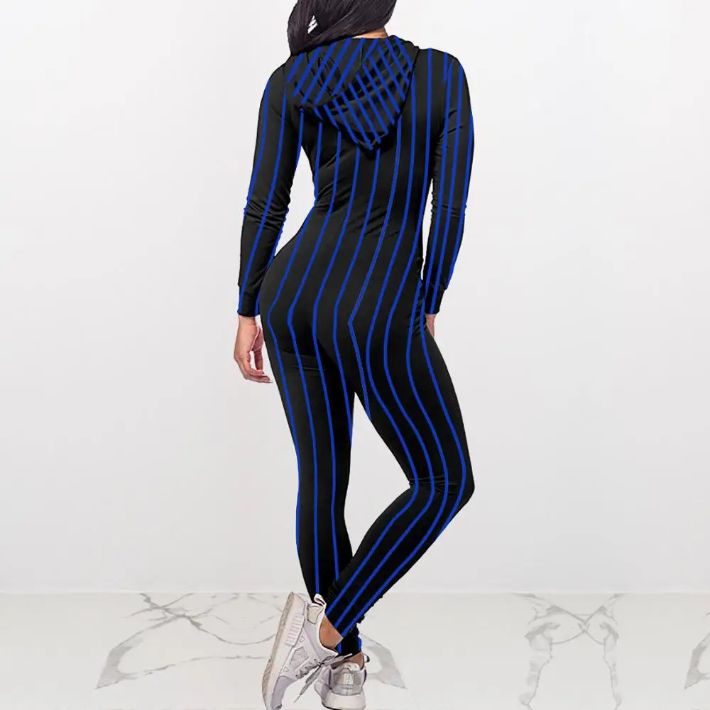 Casual Hooded Jumpsuit Striped Open Up Long Sleeve Bodycon Rompers Womens Jumpsuit Femme Autumn Winter Plus Size S-XXL