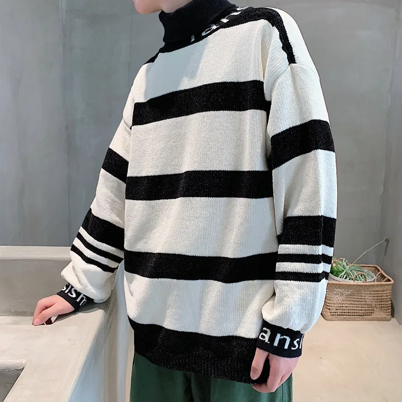 Winter New High Collar Sweater Men Fashion Contrast Color Striped Casual Knit Sweater Man Streetwear Wild Loose Warm Sweater Winter New High Collar Sweater Men Fashion Contrast Color Striped Casual Knit Sweater Man Streetwear Wild Loose Warm Sweater