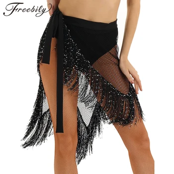 

Women Latin Dance Costume Irregular Fishnet Design Belly Latin Dance Hip Scarf Adult Sequins Tassles Fringe Wrap Belt Skirt