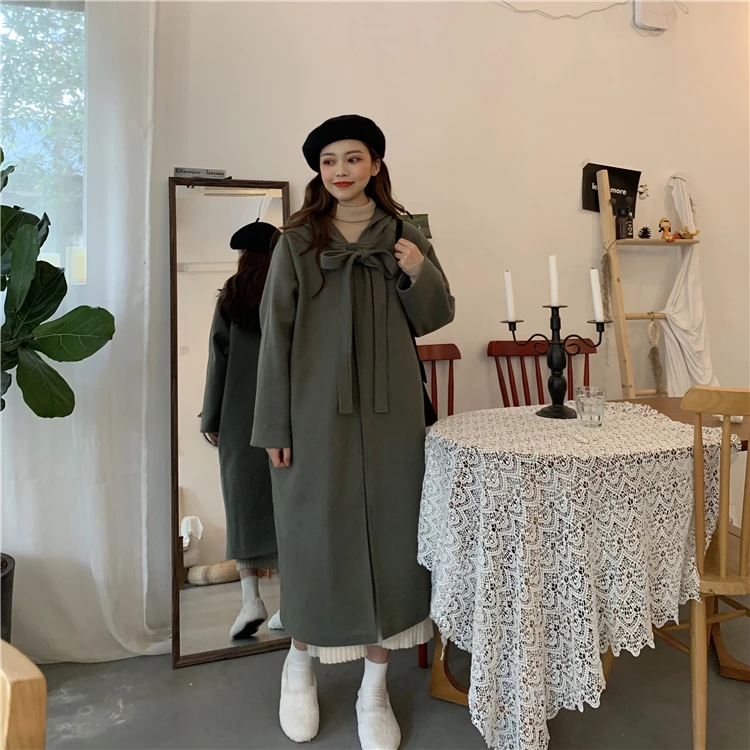 Цена нетто для фотосессии~ 9177# Han Dong Новое Стильное шерстяное пальто-плащ средней длины с капюшоном и бантом 2 цвета