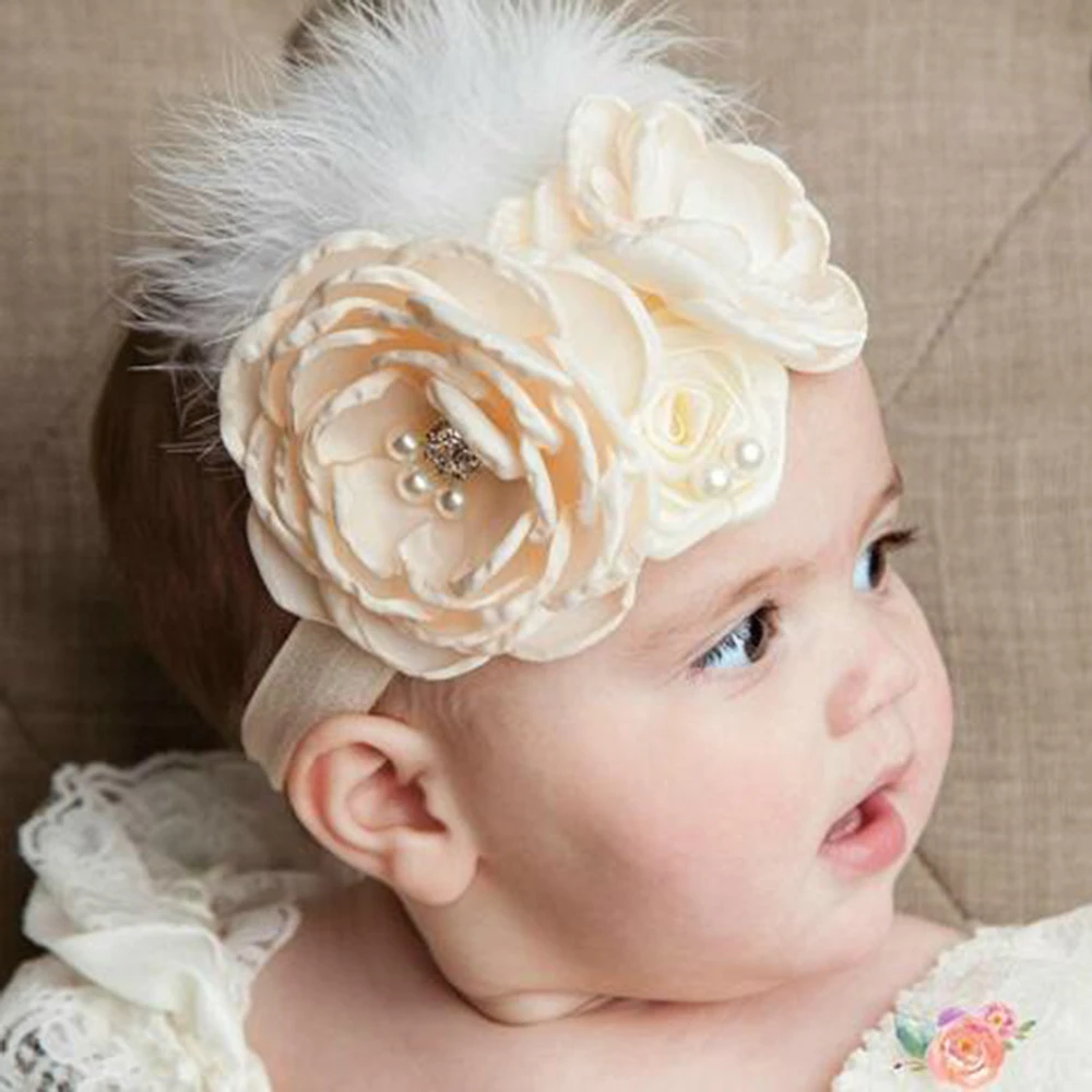 baby accessories diy Baby Roasted Flower Headband Diamond Feather Headband for Newborn Birthday Photo Props Headwrap Infant Hair Flowers BebeTurban baby stroller accessories