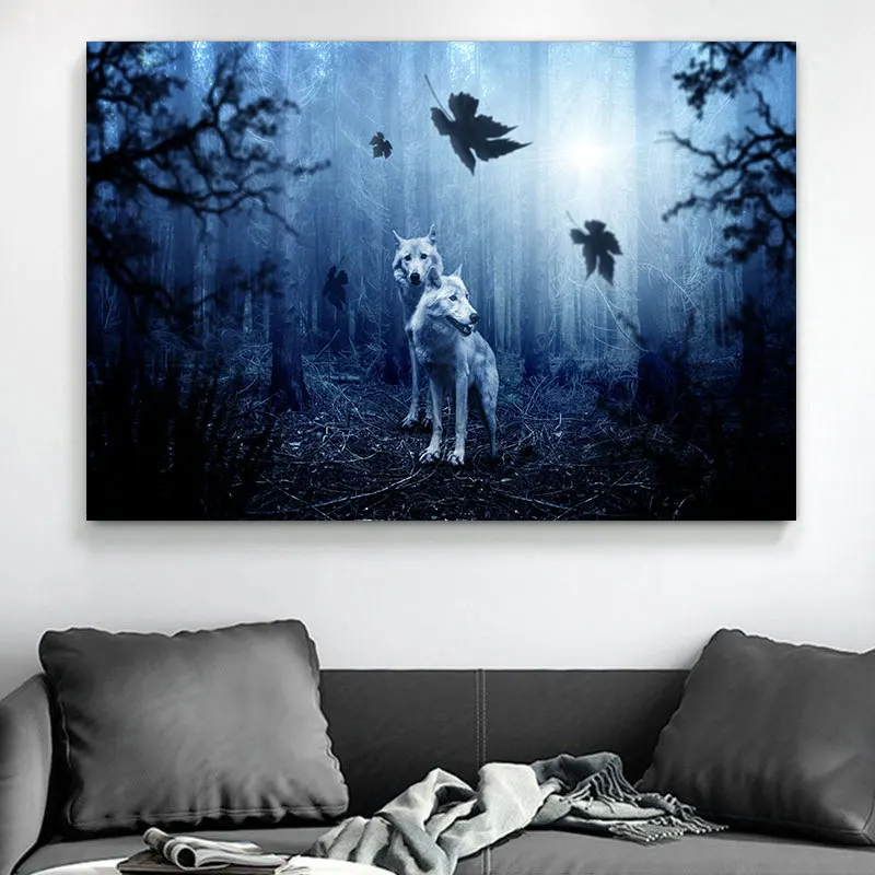Animal Art Canvas Painting Two Wolves in Forest Pictures Wolf Posters and Prints for Living Room Decor Cuadros Wall Decoration