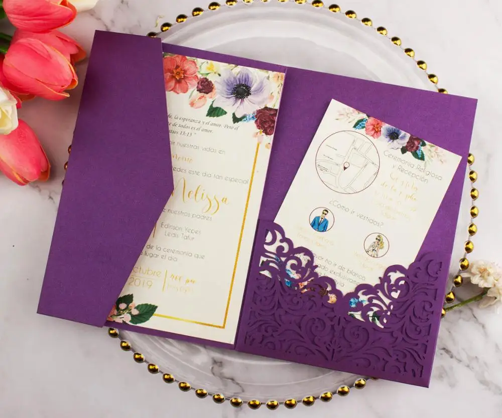  free shipping 100pcs Vine tri fold wedding invitation cards with envelope insert RSVP 3 fold laser  - 4000330802854