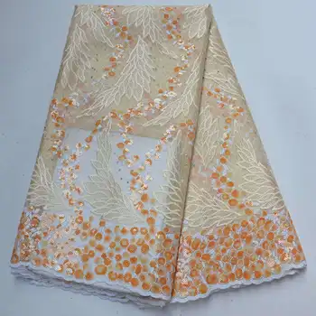

Nigerian Yellow color Lace Fabric High Quality Embroidery Tulle Lace FabricAfrican embroidered sequins Lace Matrial XA002