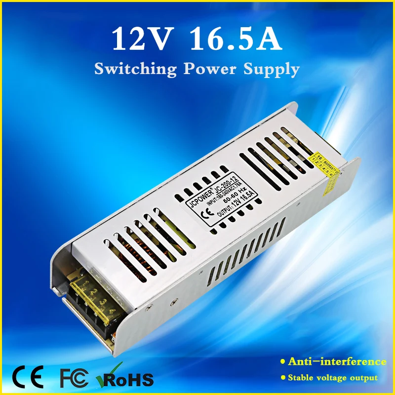 Mini AC to DC 12V 16.5A 200W Switching Power Supply Led Drver Lighting Transformer Adapter For LED Strip Monitoring Equipment wanptek nps3010w 0 30v 0 10a switching dc power supply 3 digits display led high precision adjustable mini power supply ac 115v 230v 50 60hz voltage