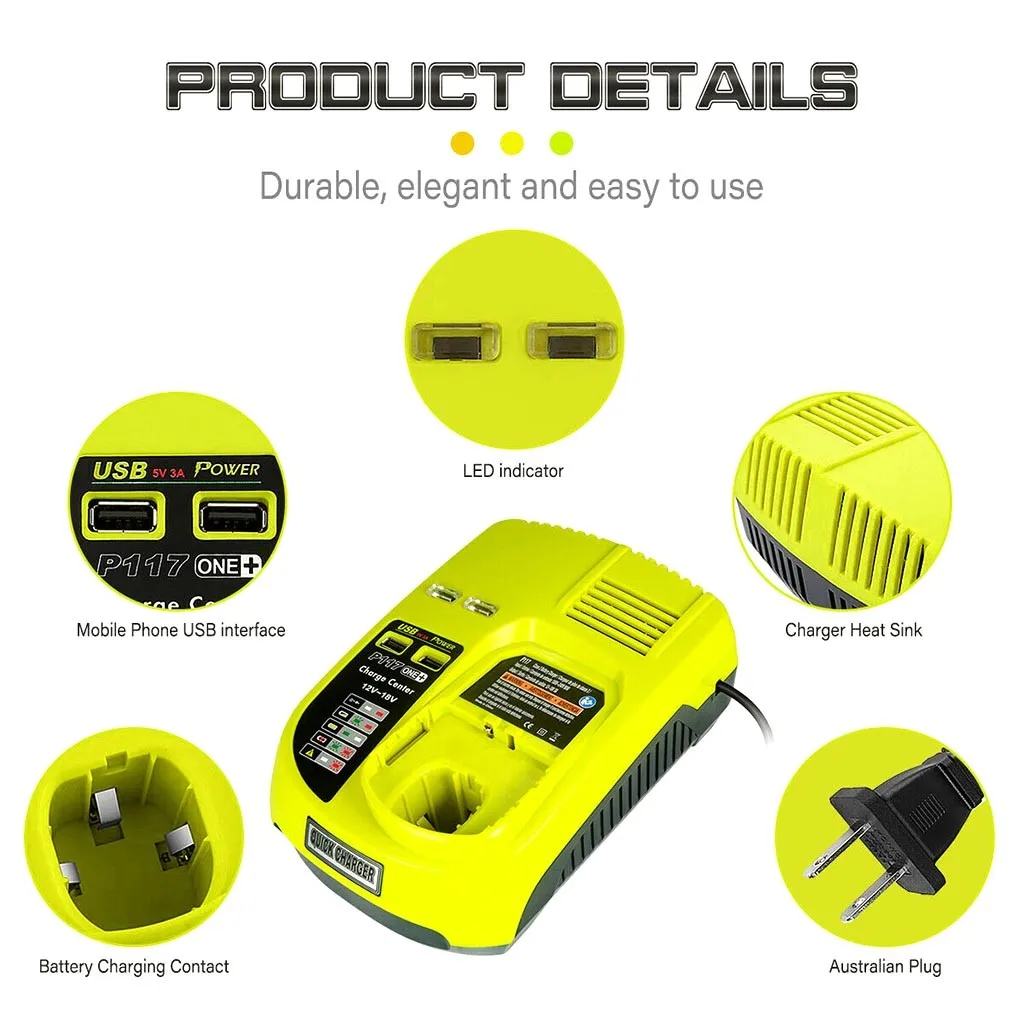 

12V/18V For Ryobi P117 P108 Rechargeable Battery Charger Battery Pack Power Tool Ni-Cd Ni-Mh Li-Ion P100, P101, P102,P103,P104